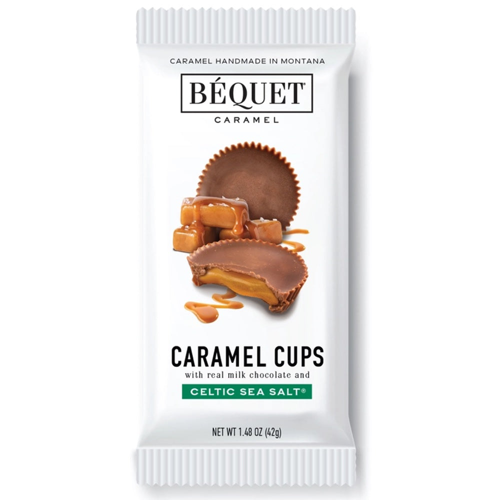 A single package of Béquet Caramel Caramel Cups on a plain white background. The white wrapper features a photo of chocolate caramel cups with caramel drizzle and reads 'CARAMEL CUPS with real milk chocolate and CELTIC SEA SALT'.