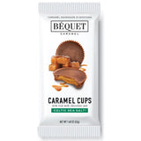 A single package of Béquet Caramel Caramel Cups on a plain white background. The white wrapper features a photo of chocolate caramel cups with caramel drizzle and reads 'CARAMEL CUPS with real milk chocolate and CELTIC SEA SALT'.