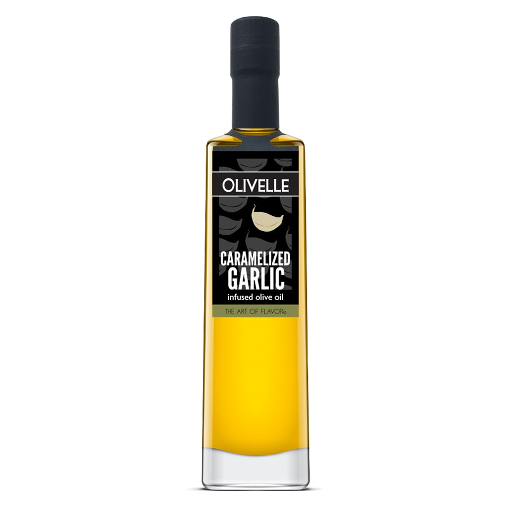 Bottle of Olivelle Caramelized Garlic infused olive oil on a white background