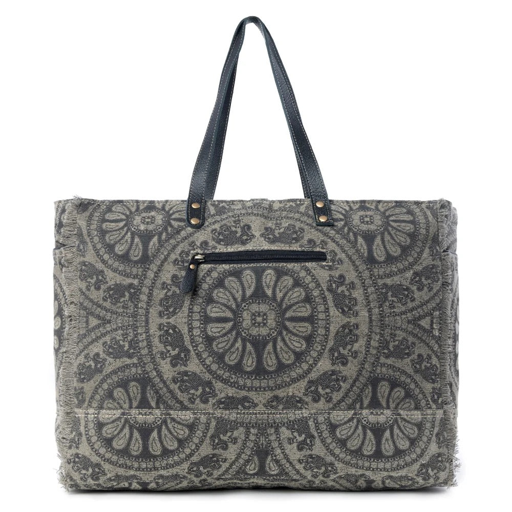 Gray patterned tote bag with black zip pocket on a white background