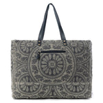 Gray patterned tote bag with black zip pocket on a white background