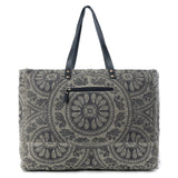 Gray patterned tote bag with black zip pocket on a white background