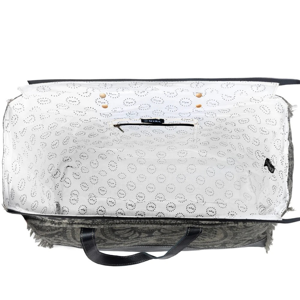 Gray patterned tote bag with black zip pocket on a white background