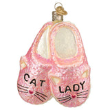 Pink glittery slippers ornament with 'Cat Lady' text on a white background