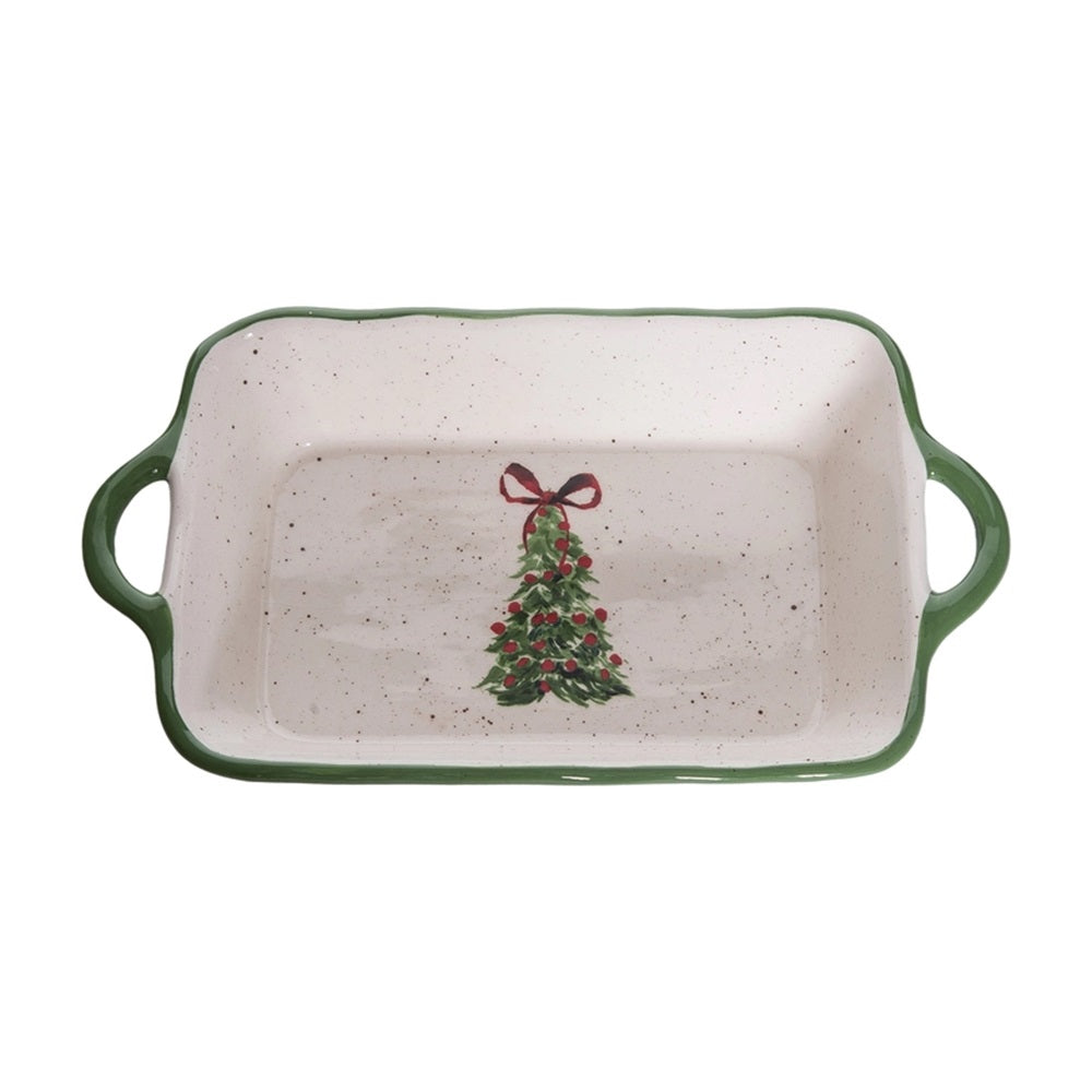 Rectangular ceramic dish with green rim and Christmas tree design on a white background