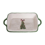 Rectangular ceramic dish with green rim and Christmas tree design on a white background