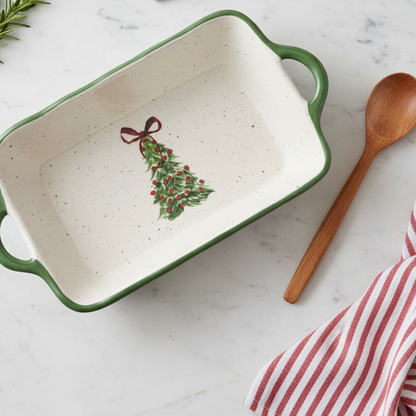 Rectangular baking dish with Christmas tree design, wooden spoon, and striped towel on marble surface