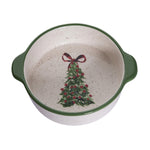 Ceramic baking dish with a Christmas tree and bow design on a white background
