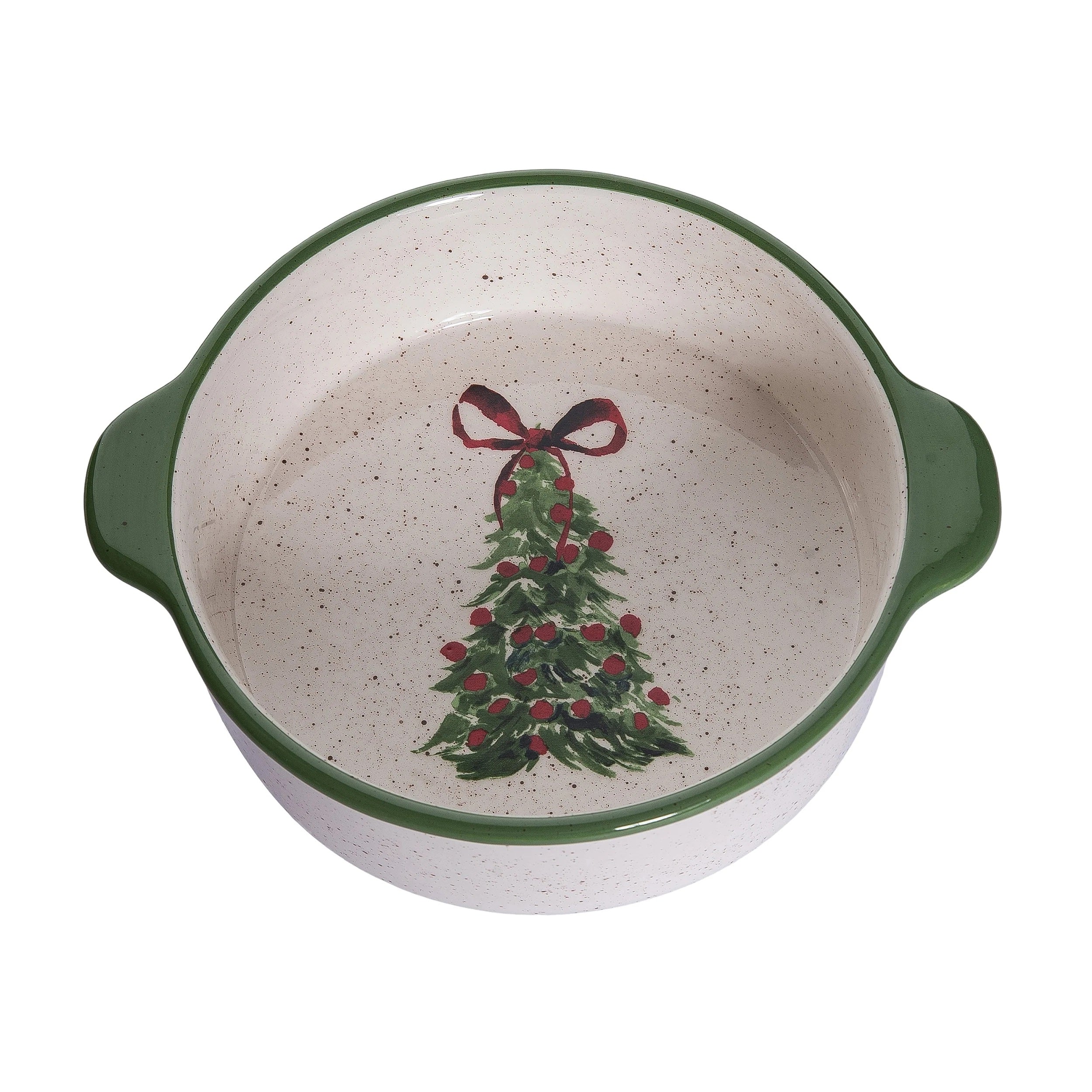 Ceramic baking dish with a Christmas tree and bow design on a white background