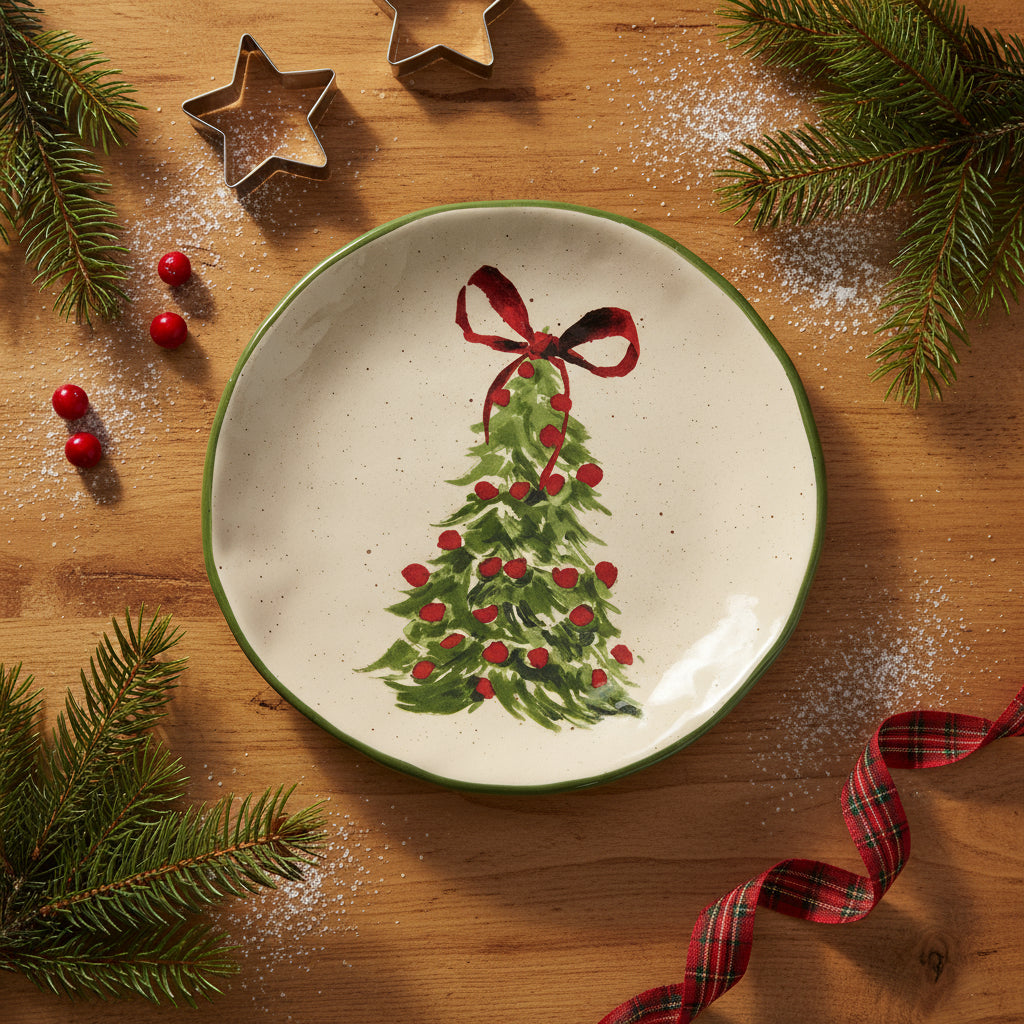 Round ceramic plate with a Christmas tree and red bow design on a speckled background