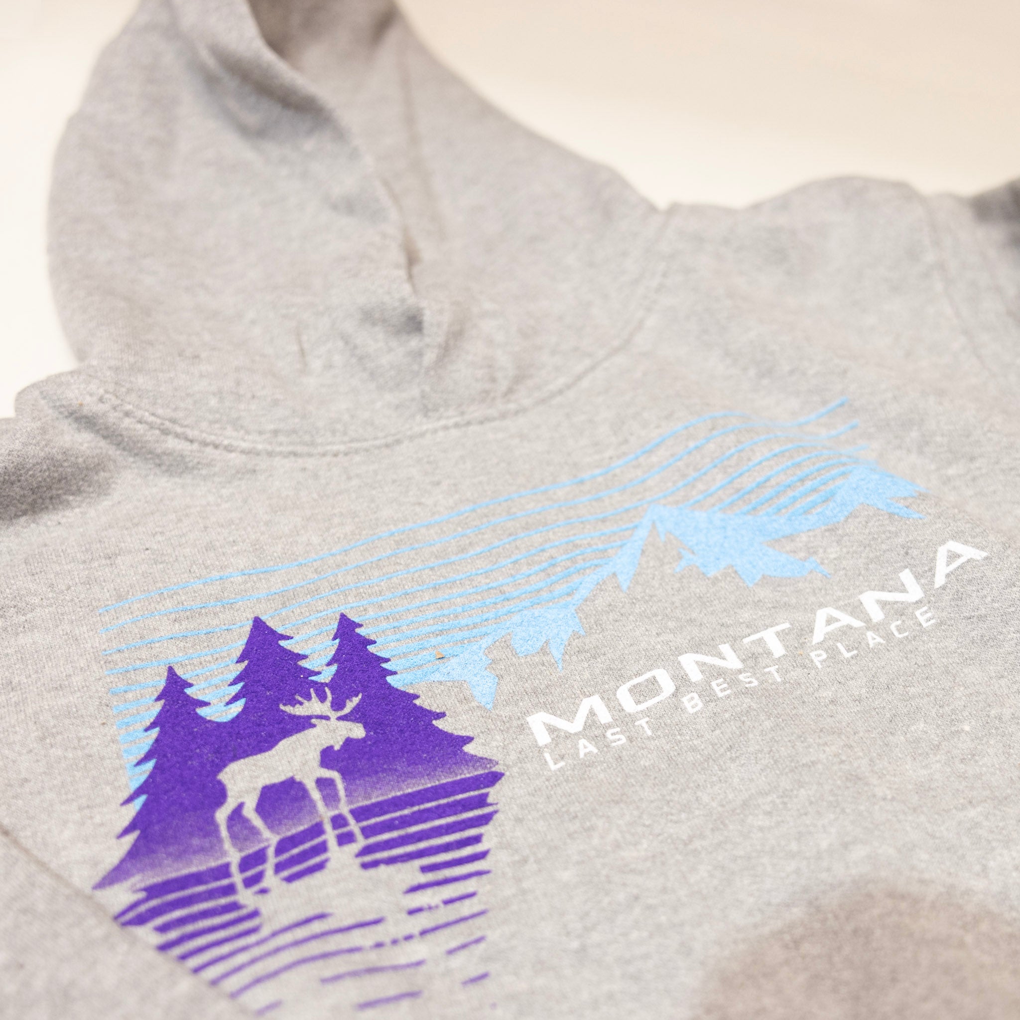Charcoal Midnight Reflection Mountains Moose Youth Hoodie - close up