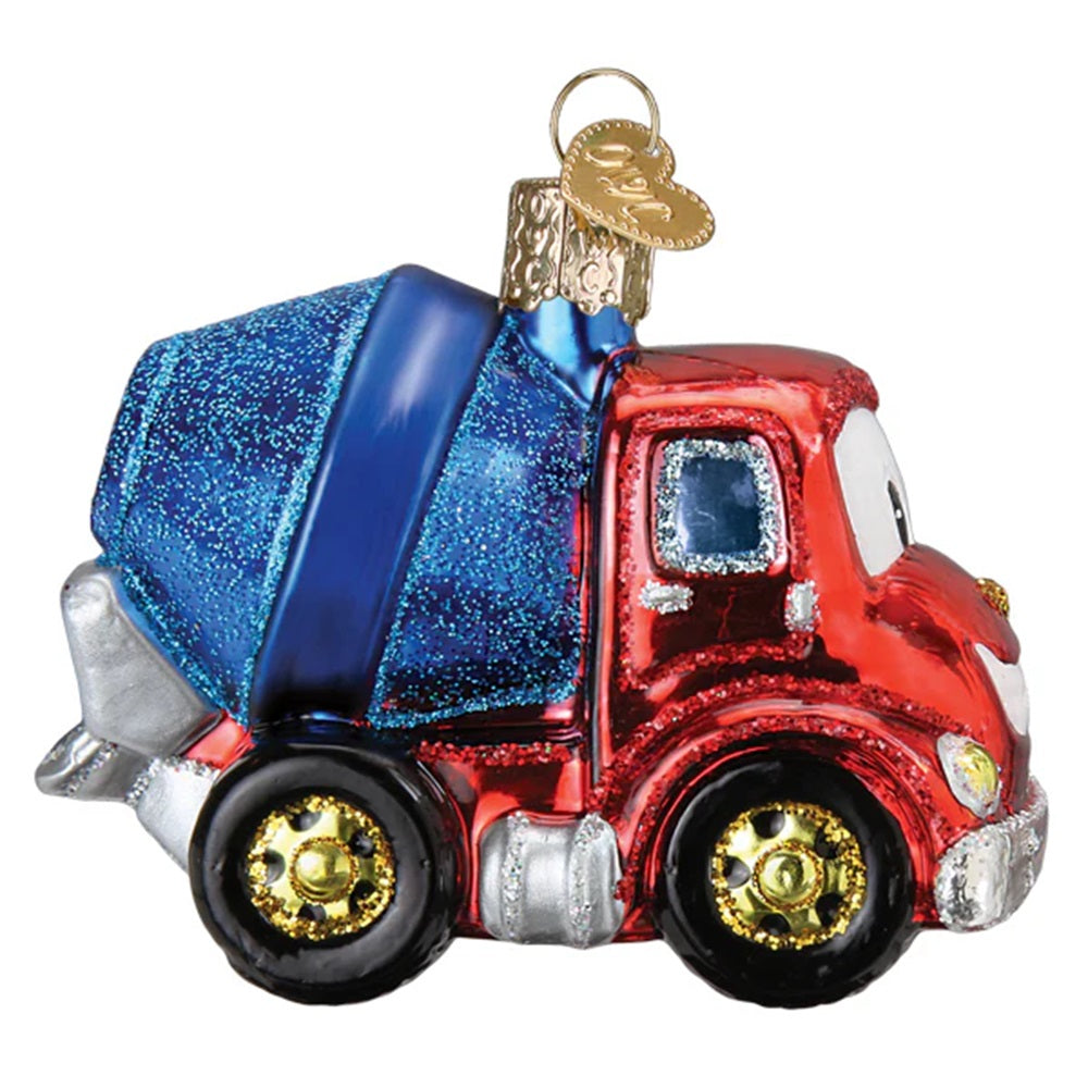 Decorative glass cement truck ornament on a white background