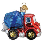 Decorative glass cement truck ornament on a white background