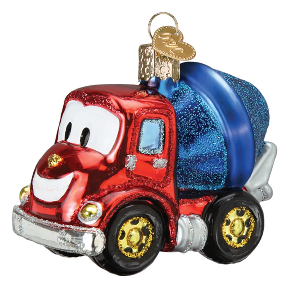 Decorative glass cement truck ornament with a blue mixer on a white background