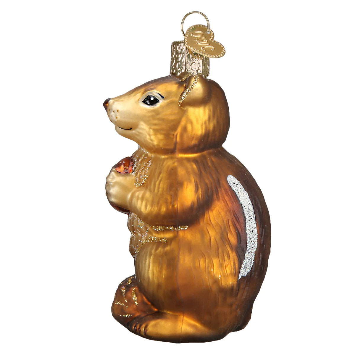 Glass chipmunk ornament with a white background