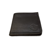 Chocolate leather wallet with a brand logo on a white background