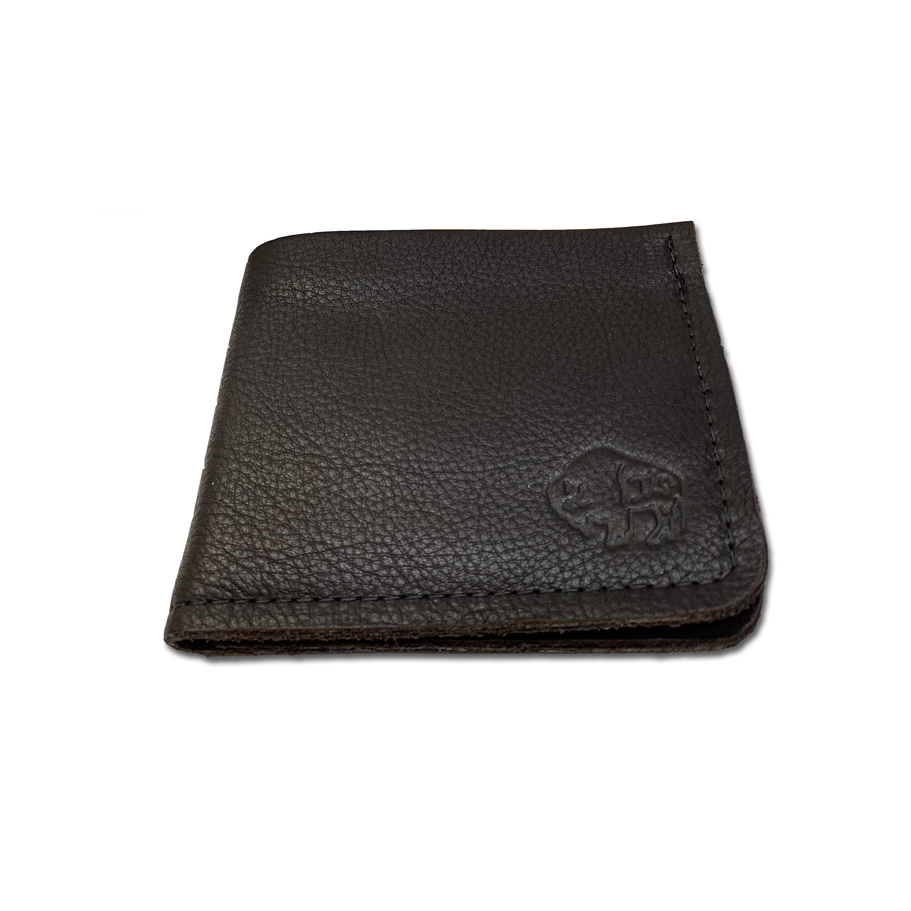 Chocolate leather wallet with a brand logo on a white background