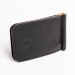 A espresso brown textured leather money clip wallet with a gold-tone metal clip and zipper pull, shown on a clean white background.