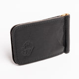 A espresso brown textured leather money clip wallet with a gold-tone metal clip and zipper pull, shown on a clean white background.
