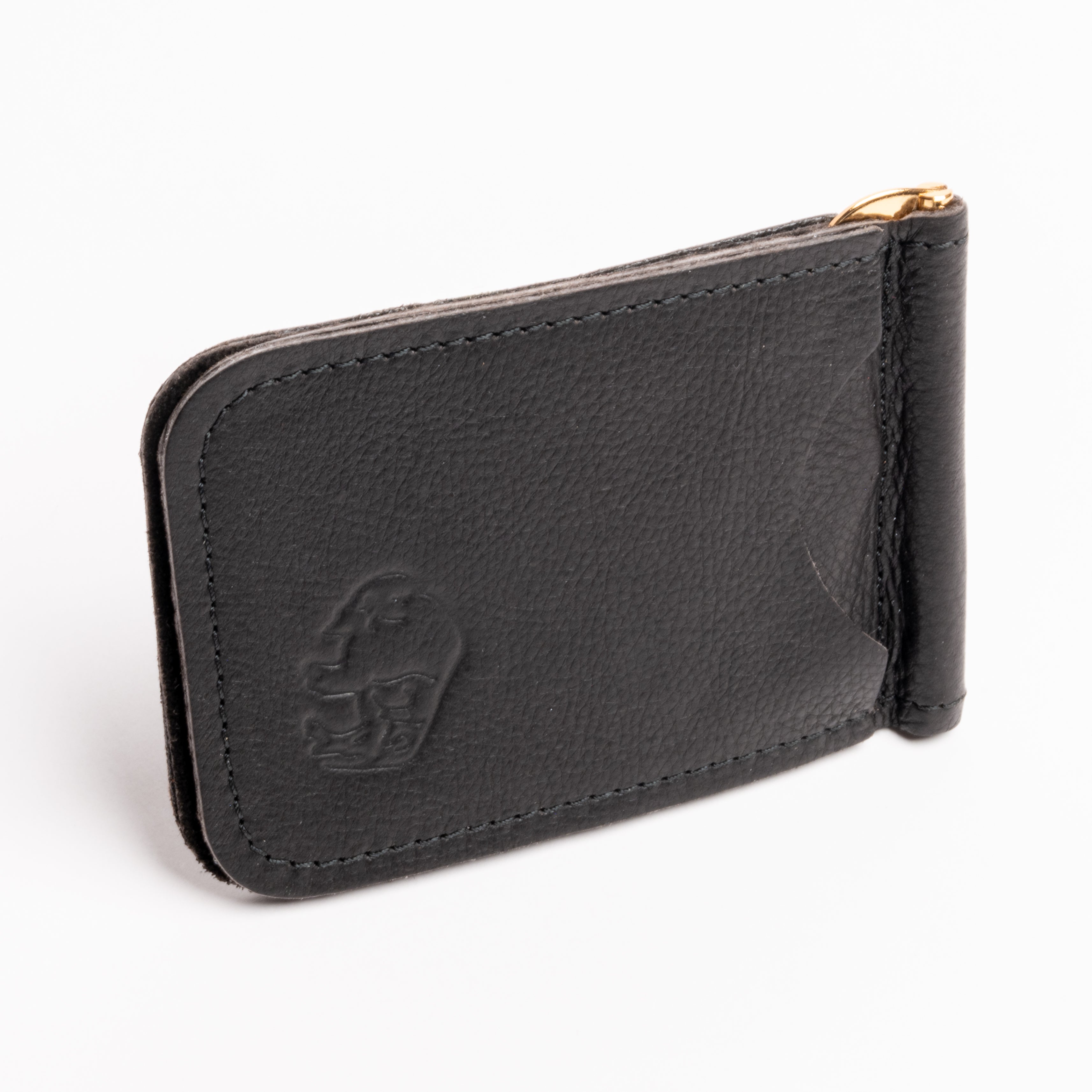 A espresso brown textured leather money clip wallet with a gold-tone metal clip and zipper pull, shown on a clean white background.