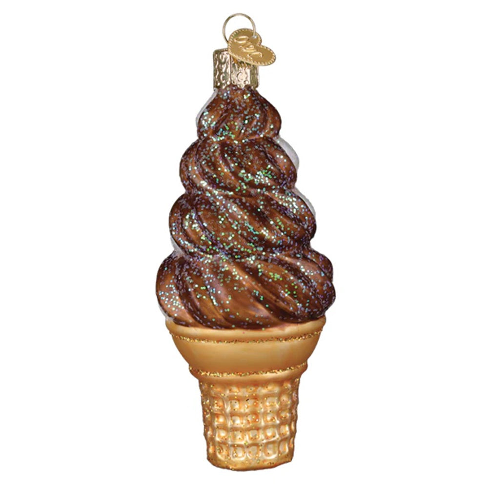 Decorative glass ice cream cone ornament on a white background