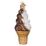Decorative glass ice cream cone ornament with brown and white swirls on a white background