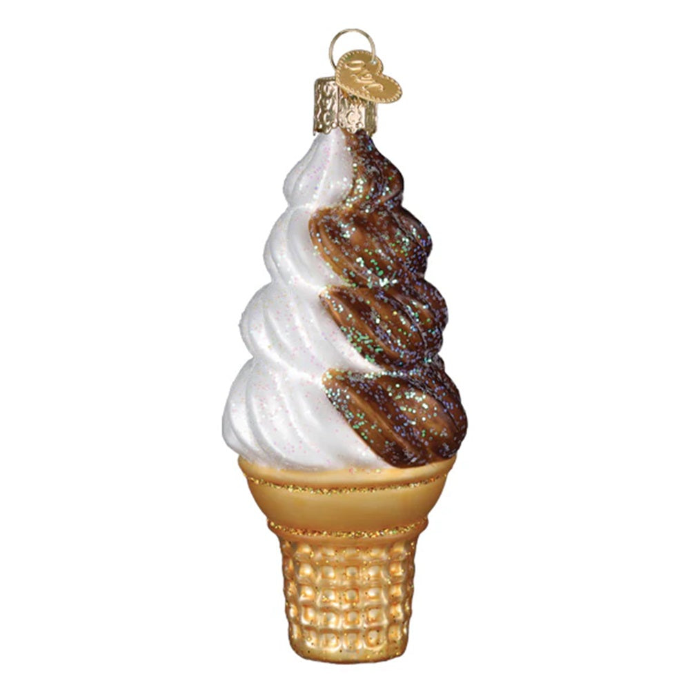 Decorative ice cream cone ornament with white and brown swirls on a white background