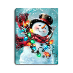 Decorative wall art of a snowman with Christmas lights against a snowy background