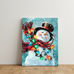 Canvas print of a snowman with colorful lights against a snowy background