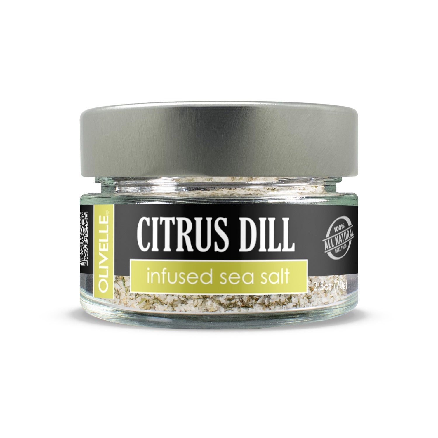 Jar of Citrus Dill infused sea salt with Olivelle branding on a white background