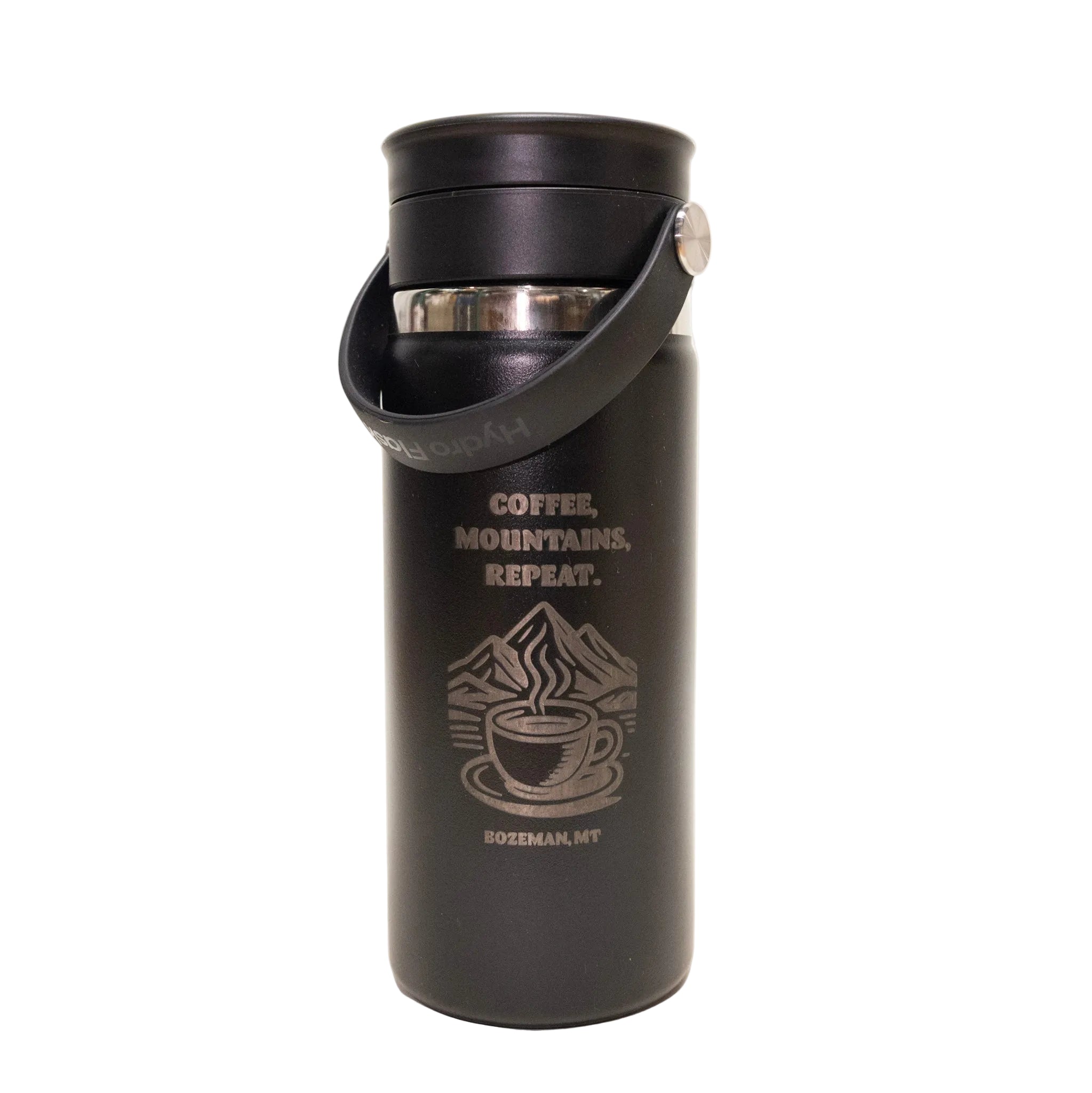 Black insulated bottle with 'Coffee. Mountains. Repeat.' text and mountain graphic on a white background