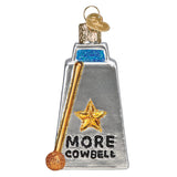 Decorative glass cowbell with a star and 'More Cowbell' text on a white background