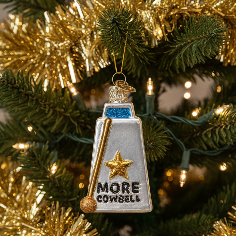 A Christmas ornament shaped like a cowboy boot with a gold star and the words 'MORE COWBELL' on the front, hanging on a decorated Christmas tree with gold tinsel and warm string lights.