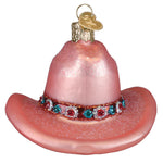 Pink cowboy hat ornament with gemstone band on a white background