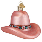Pink cowboy hat ornament with gemstone band on a white background