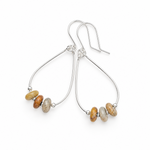 A pair of silver-tone teardrop dangle earrings with three small polished stone beads in earthy brown, tan, and gray tones, shown on a clean white background.