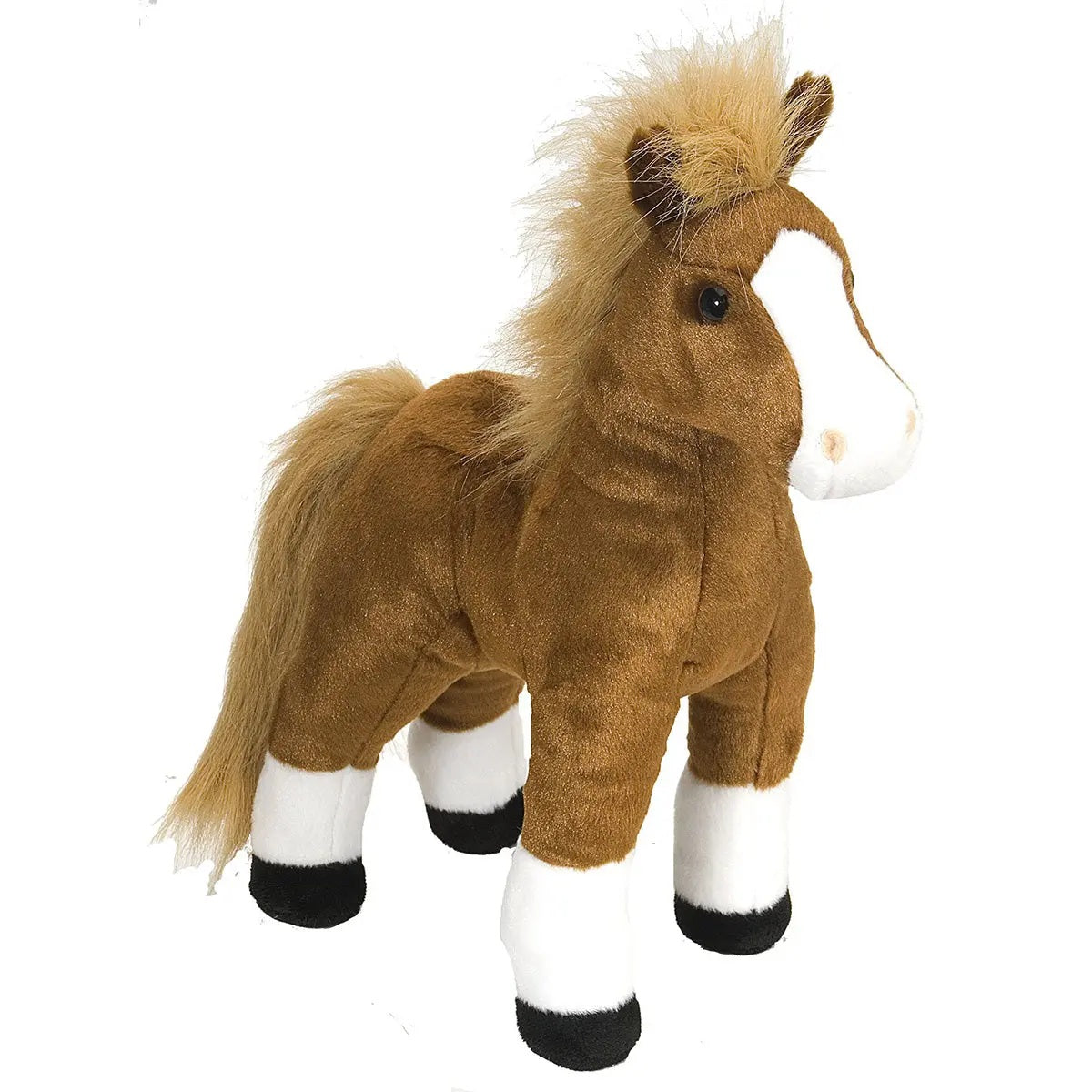 Plush horse toy with brown body, white face, and legs on a white background