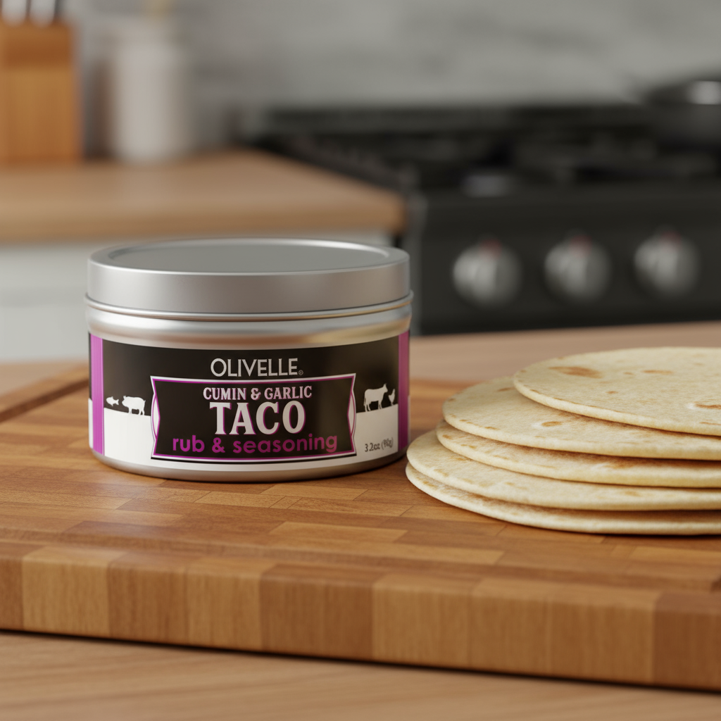 Olivelle Cumin & Garlic Taco rub & seasoning container on a wooden cutting board with tortillas.