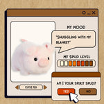 Cartoon interface with a plush toy and interactive elements on a beige background
