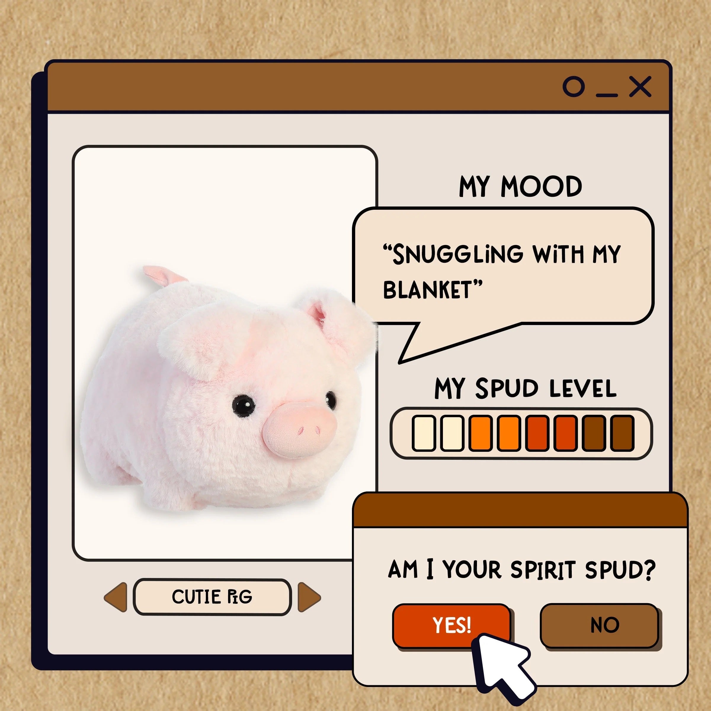 Cartoon interface with a plush toy and interactive elements on a beige background