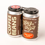 Two cans of Roly-Poly Coffee Co. coffee beans on a white background