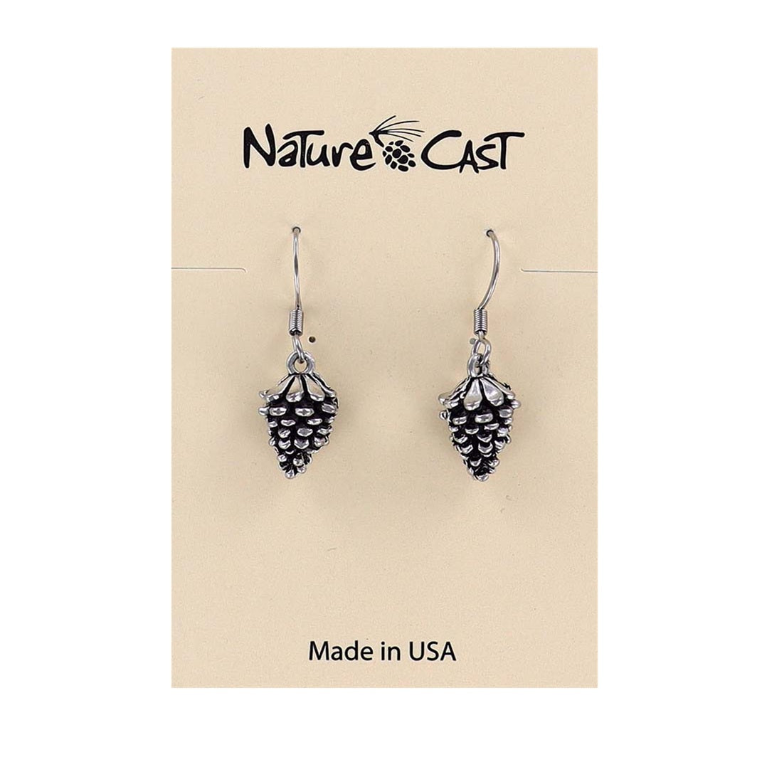 Silver pinecone earrings on a 'Nature Cast' branded card with 'Made in USA' text.