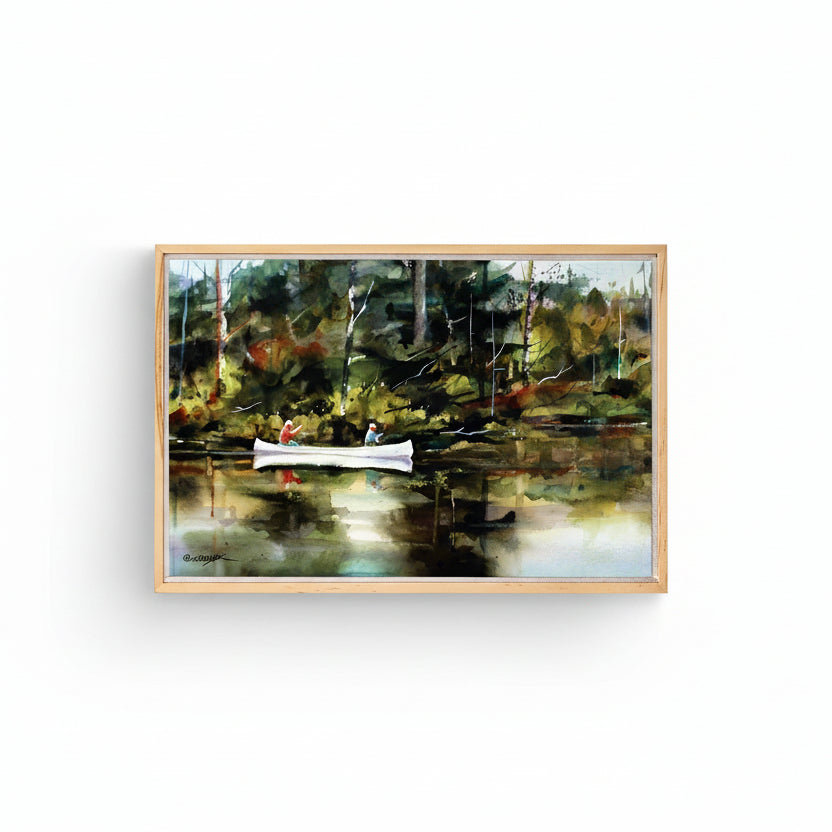 Dean Crouser Montana Wall Art, Two fisherman canoeing on a reflective river in a forest