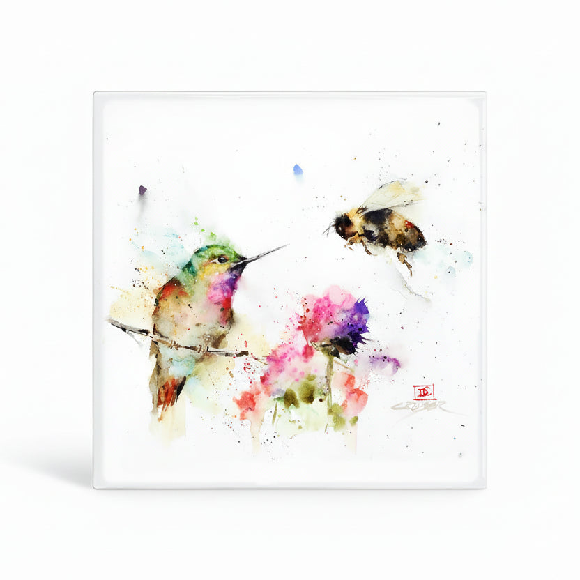 The Garden Visitors Metal Box Wall Art by Meissenburg Designs features a watercolor hummingbird, flower, and honeybee all against a white metal background