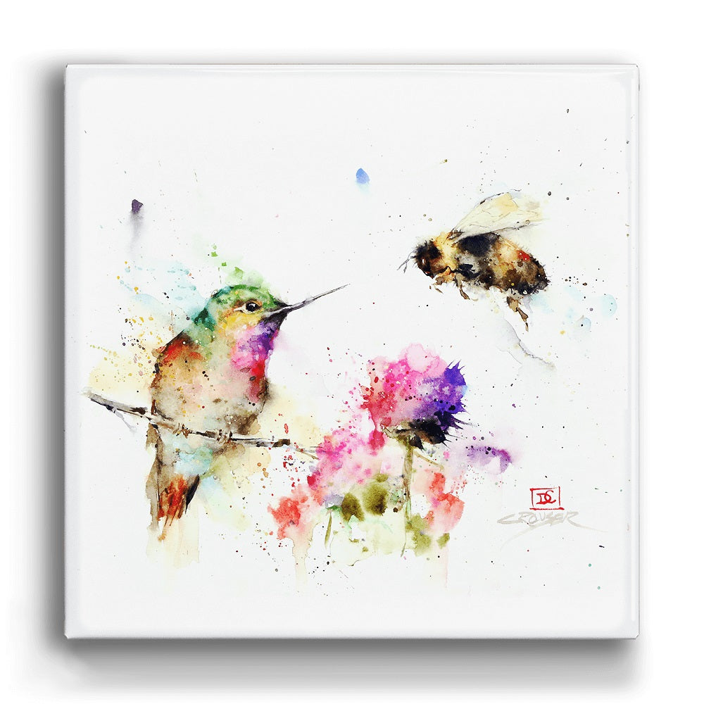 The Garden Visitors Metal Box Wall Art by Meissenburg Designs features a watercolor hummingbird, flower, and honeybee all against a white metal background