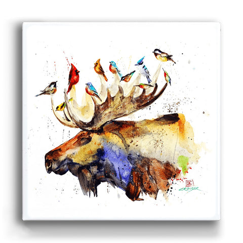 Watercolor moose accompanied by forest birds perched upon his antlers. Dean Crouser Moose and Birds Metal Box Wall Art