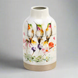 Dean Crouser Wildflower Friends PeeWee Collection Vase by Demdaco stoneware vase is adorned with two hummingbirds amongst a blooming garden of wildflowers