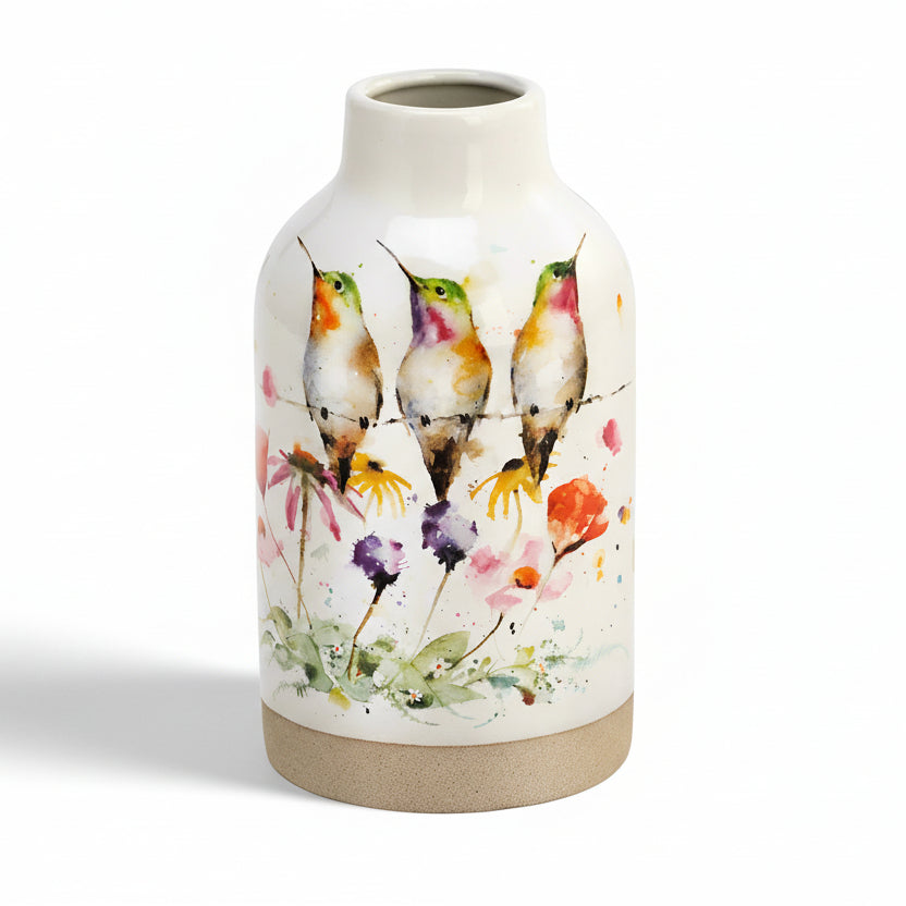 Dean Crouser Wildflower Friends PeeWee Collection Vase by Demdaco stoneware vase is adorned with two hummingbirds amongst a blooming garden of wildflowers