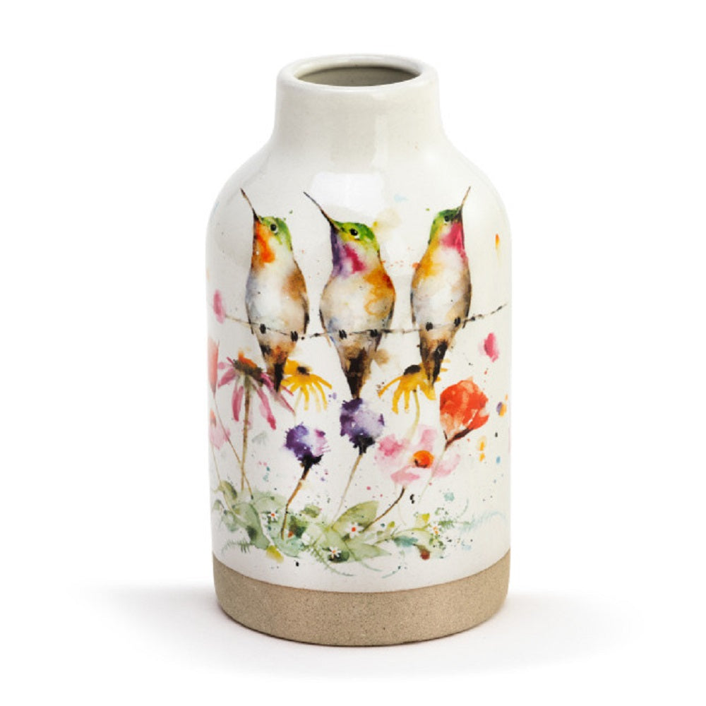 Dean Crouser Wildflower Friends PeeWee Collection Vase by Demdaco stoneware vase is adorned with two hummingbirds amongst a blooming garden of wildflowers