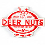 Deer Nuts logo magnet with red text on a white background